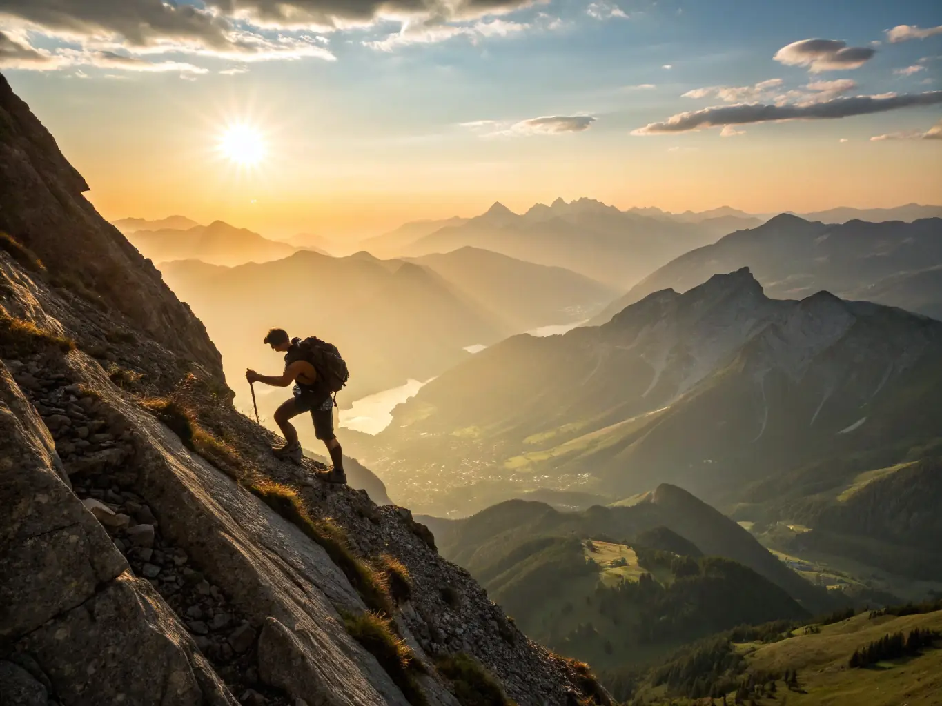 An image showing a person climbing a mountain, representing overcoming challenges and achieving goals. The person is silhouetted against a bright sky, symbolizing hope and success. The scene conveys the idea of personal growth and empowerment through coaching.