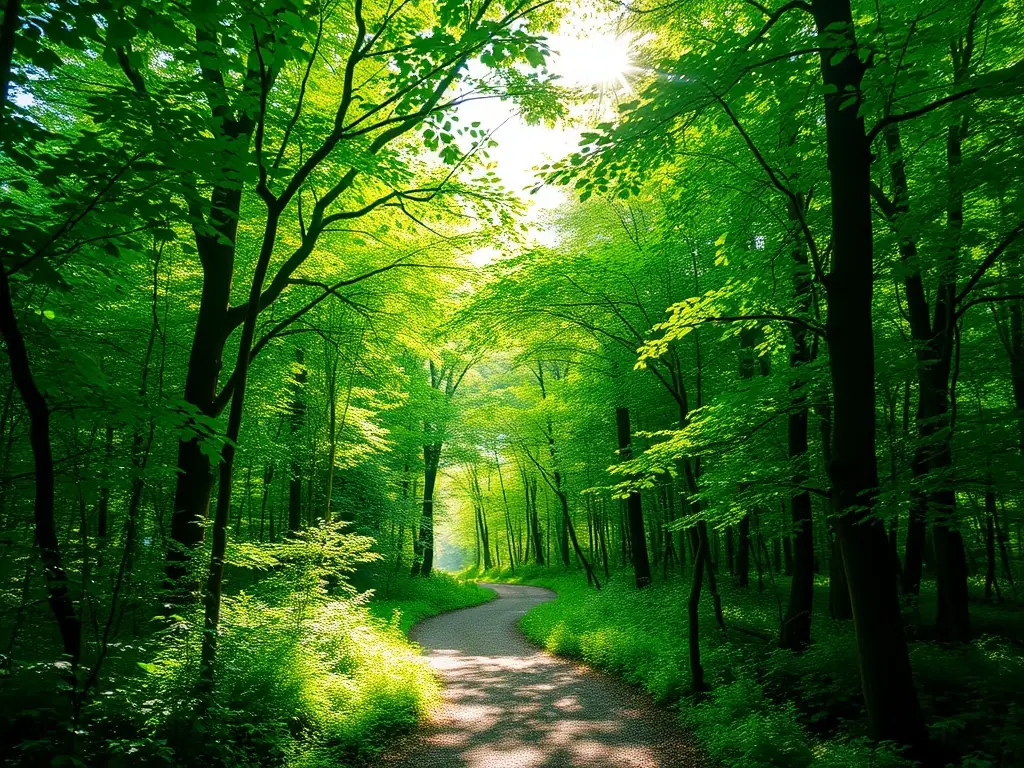 A photograph depicting a winding road through a forest, symbolizing a personal journey. The road is partially sunlit, representing clarity and direction, while the surrounding trees suggest the support and guidance provided by Potion Coaching.