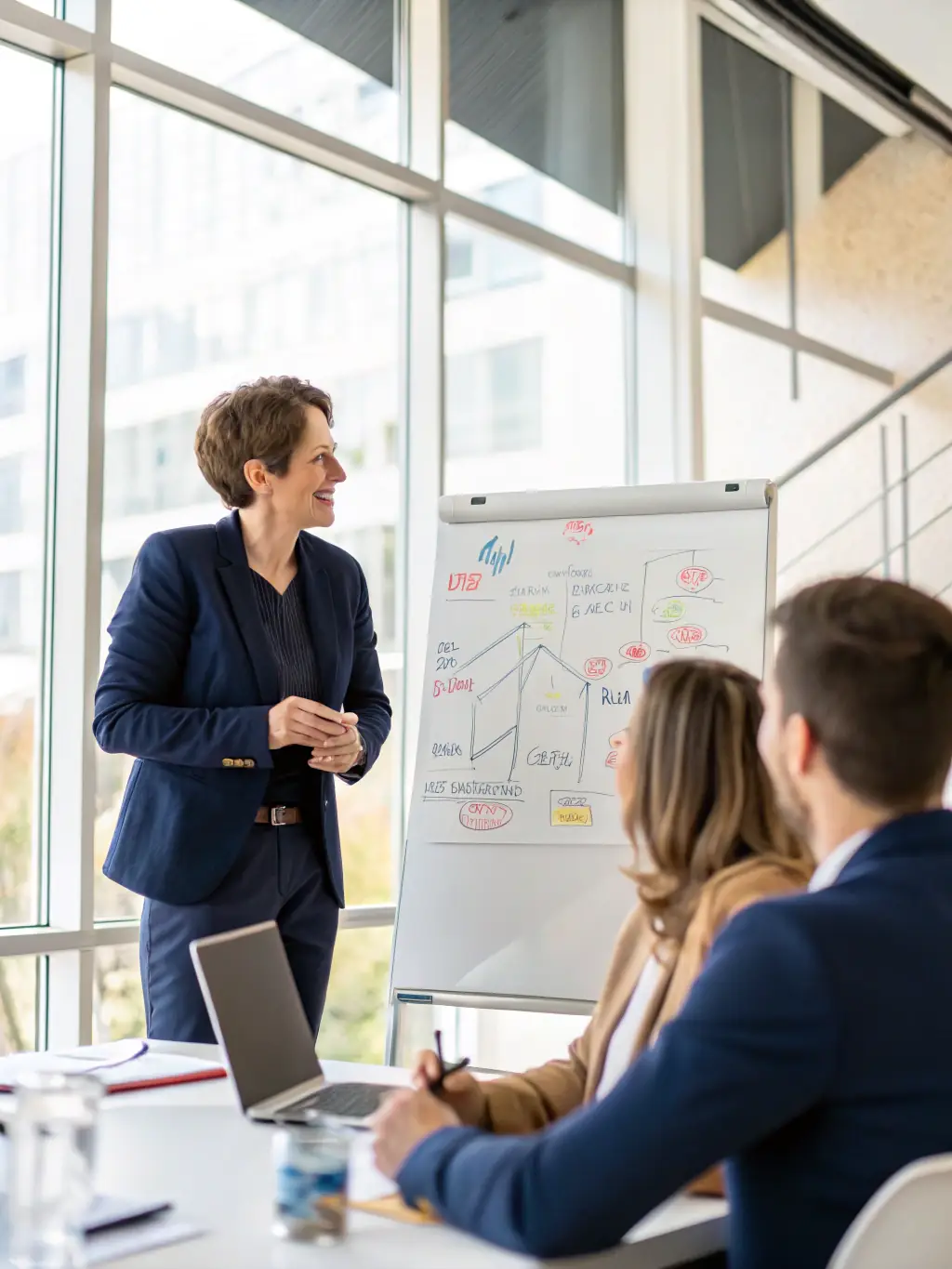 A person confidently presenting in front of colleagues, showcasing enhanced communication and leadership skills developed through coaching.