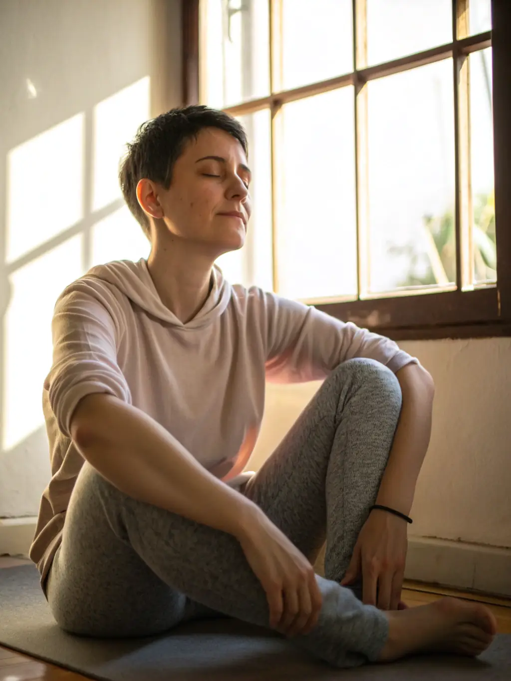 A person meditating in a modern office setting, illustrating improved well-being and reduced stress at work through life coaching.