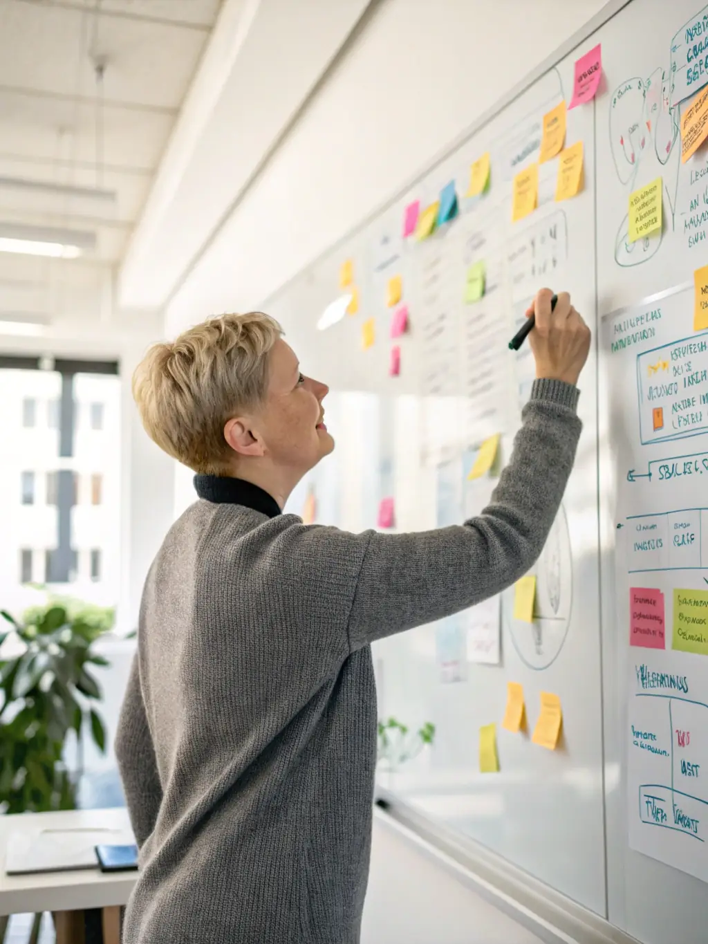 A person looking thoughtfully at a career roadmap, symbolizing the clarity life coaching provides in defining professional objectives.